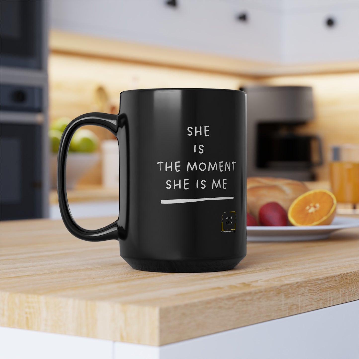 She Is The Moment Black Mug, 15oz