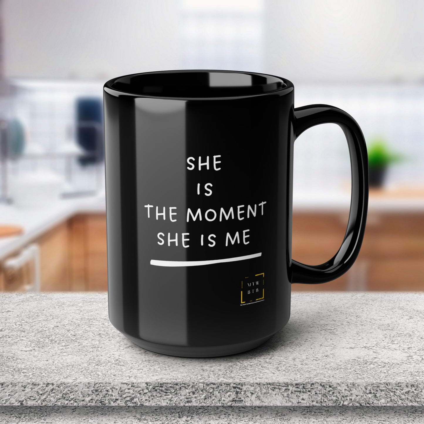 She Is The Moment Black Mug, 15oz